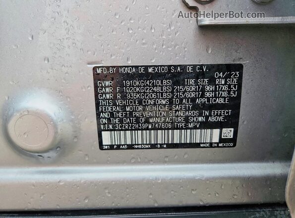3CZRZ2H39PM747606 2023 HONDA HR-V Silver Widok naklejki z numerem VIN