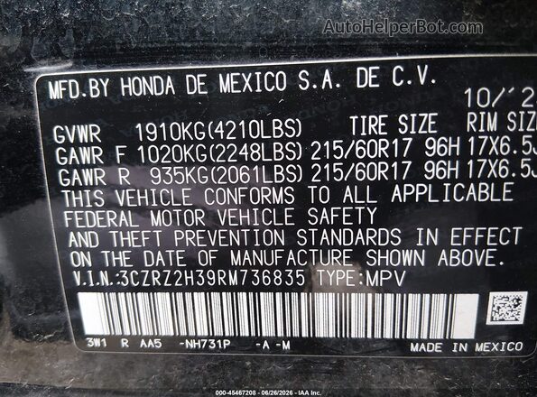 3CZRZ2H39RM736835 2024 HONDA HR-V Black Вид підкапотного простору