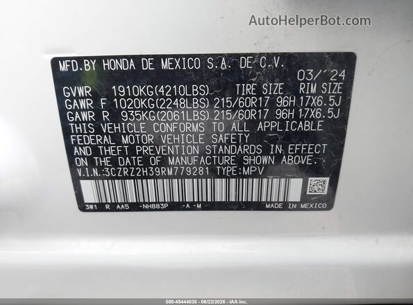 3CZRZ2H39RM779281 2024 HONDA HR-V White Engine compartment view