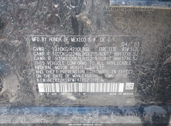 3CZRZ2H3XPM747002 2023 HONDA HR-V Black Vista del compartimento del motor