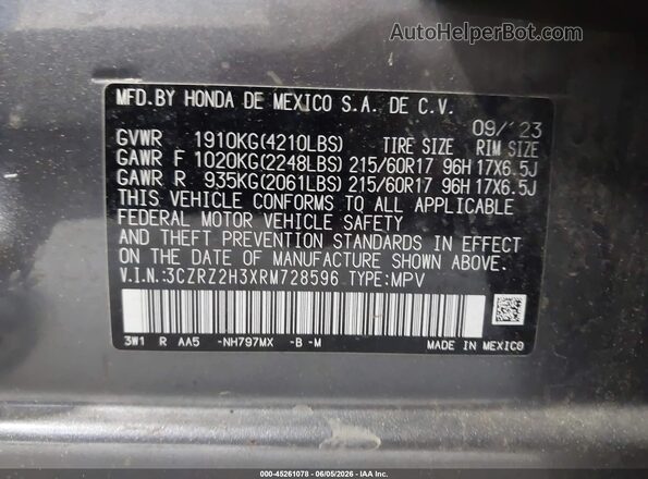 3CZRZ2H3XRM728596 2024 HONDA HR-V Gray Вид підкапотного простору
