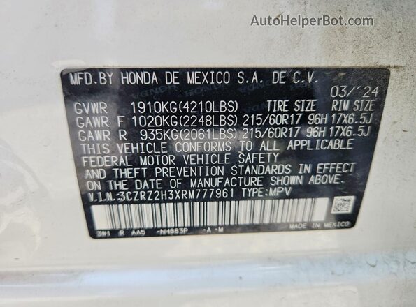 3CZRZ2H3XRM777961 2024 HONDA HR-V Белый Вид наклейки с VIN-кодом