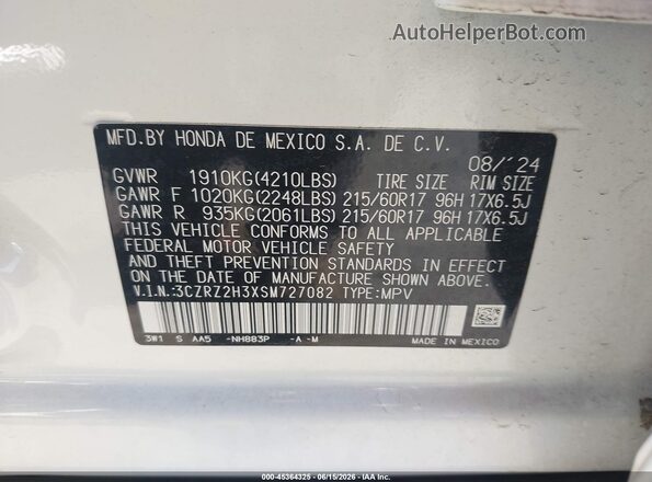 3CZRZ2H3XSM727082 2025 HONDA HR-V White ძრავის განყოფილების ხედი