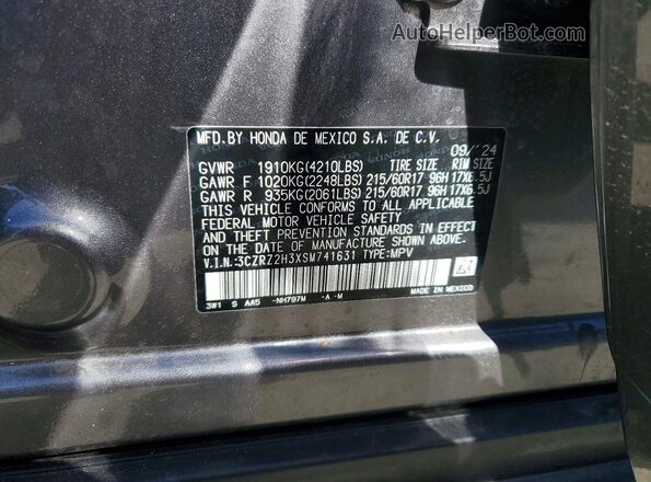 3CZRZ2H3XSM741631 2025 HONDA HR-V Gray Vista de la etiqueta del VIN