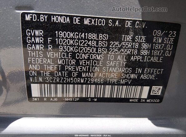 3CZRZ2H50RM729466 2024 HONDA HR-V Gray 