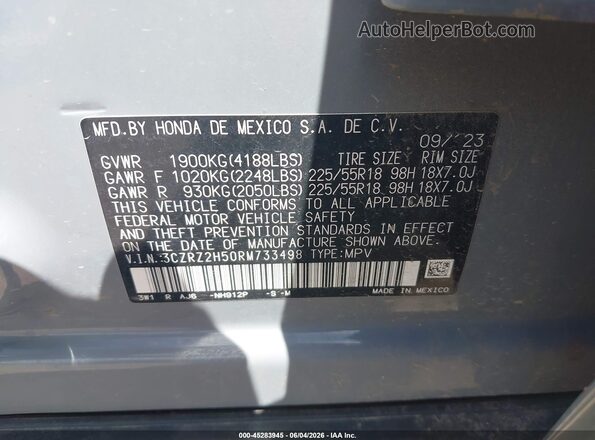 3CZRZ2H50RM733498 2024 HONDA HR-V Blue Շարժիչի բաժամունքի տեսք