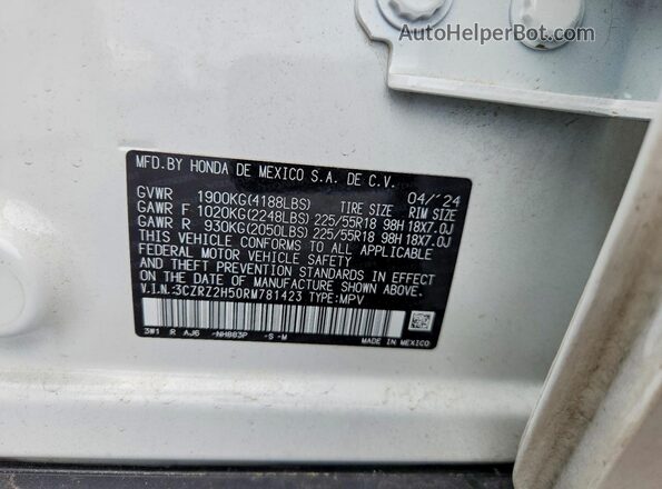 3CZRZ2H50RM781423 2024 HONDA HR-V White Widok naklejki z numerem VIN