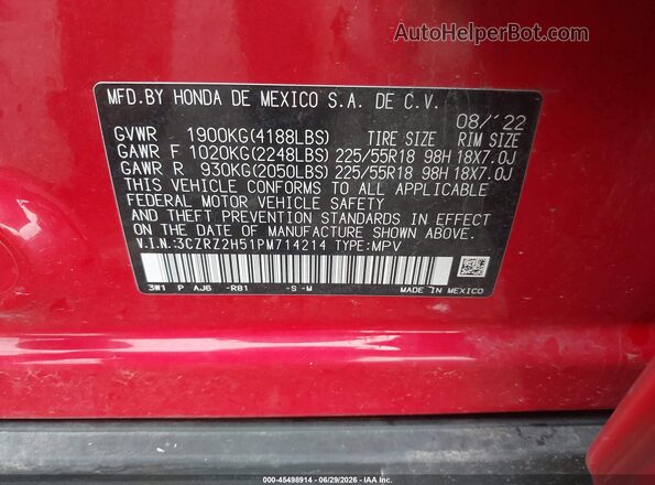 3CZRZ2H51PM714214 2023 HONDA HR-V Red ძრავის განყოფილების ხედი