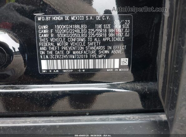 3CZRZ2H51RM732019 2024 HONDA HR-V Black ძრავის განყოფილების ხედი