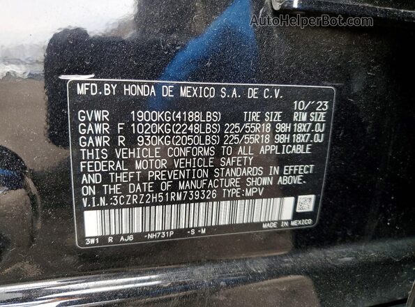 3CZRZ2H51RM739326 2024 HONDA HR-V Black Engine compartment view