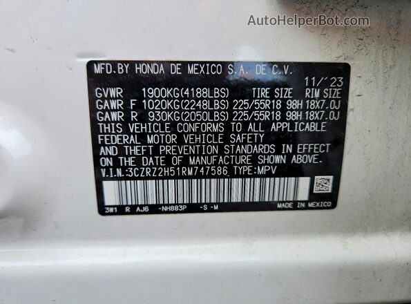 3CZRZ2H51RM747586 2024 HONDA HR-V White Вид наклейки з VIN-кодом