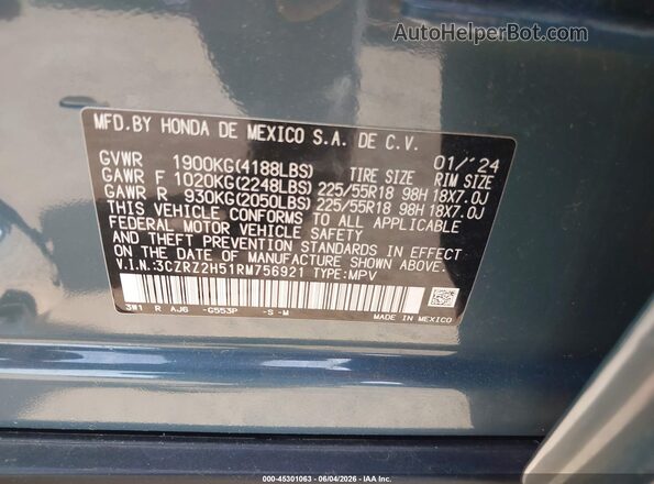 3CZRZ2H51RM756921 2024 HONDA HR-V Blue ძრავის განყოფილების ხედი