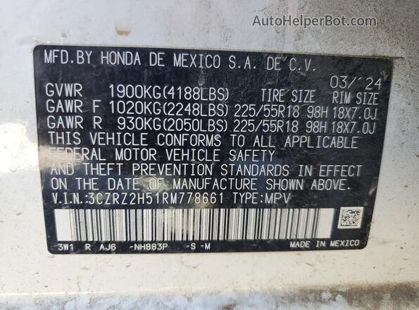 3CZRZ2H51RM778661 2024 HONDA HR-V White Панорамний вид салону 360°