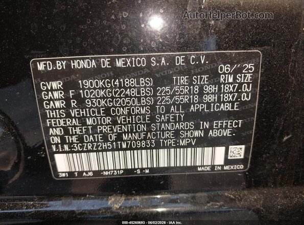3CZRZ2H51TM709833 2026 HONDA HR-V Black Вид підкапотного простору