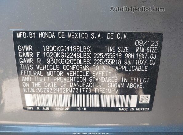 3CZRZ2H52RM731770 2024 HONDA HR-V Gray Engine compartment view