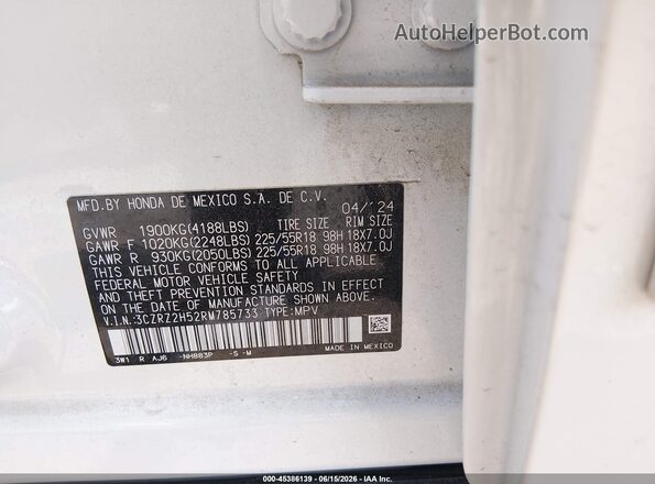 3CZRZ2H52RM785733 2024 HONDA HR-V White Vista del compartimento del motor