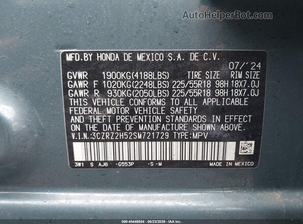 3CZRZ2H52SM721729 2025 HONDA HR-V Blue Engine compartment view