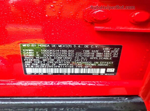 3CZRZ2H53PM714196 2023 HONDA HR-V Red VIN sticker view