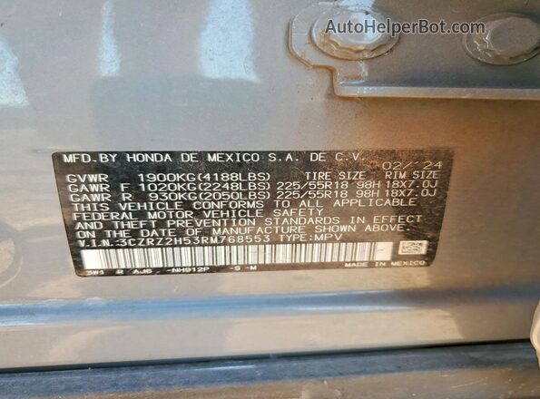 3CZRZ2H53RM768553 2024 HONDA HR-V Gray VIN sticker view