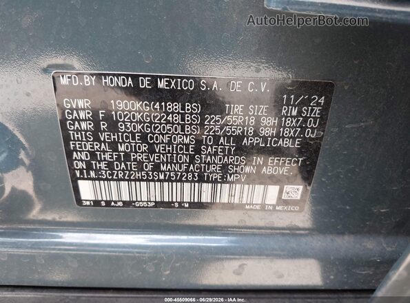 3CZRZ2H53SM757283 2025 HONDA HR-V Gray Vista del compartimento del motor