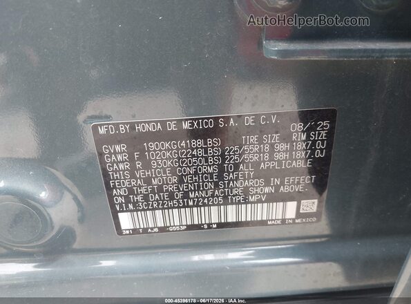 3CZRZ2H53TM724205 2026 HONDA HR-V Blue Engine compartment view
