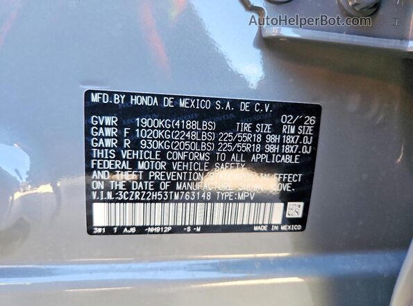 3CZRZ2H53TM763148 2026 HONDA HR-V Gray VIN կոդի պիտակի տեսք