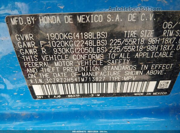 3CZRZ2H54TM713827 2026 HONDA HR-V Blue Vista del compartimento del motor