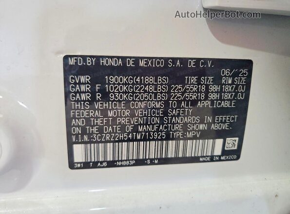 3CZRZ2H54TM713925 2026 HONDA HR-V White Вид наклейки з VIN-кодом
