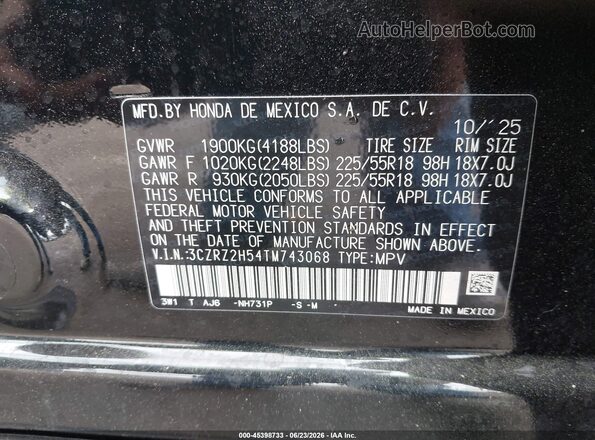 3CZRZ2H54TM743068 2026 HONDA HR-V Black Engine compartment view