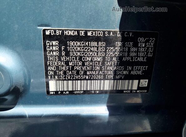 3CZRZ2H55PM720260 2023 HONDA HR-V Teal Widok naklejki z numerem VIN