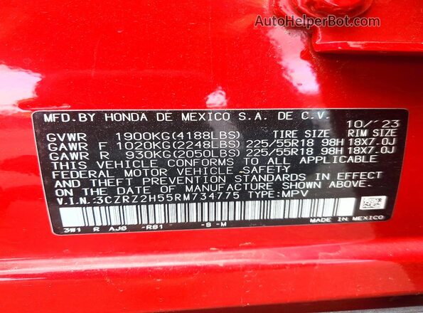3CZRZ2H55RM734775 2024 HONDA HR-V Red Widok naklejki z numerem VIN