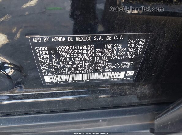 3CZRZ2H55RM783295 2024 HONDA HR-V Black Vista del compartimento del motor