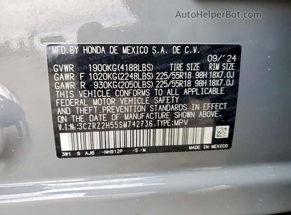 3CZRZ2H55SM742736 2025 HONDA HR-V Gray Engine compartment view