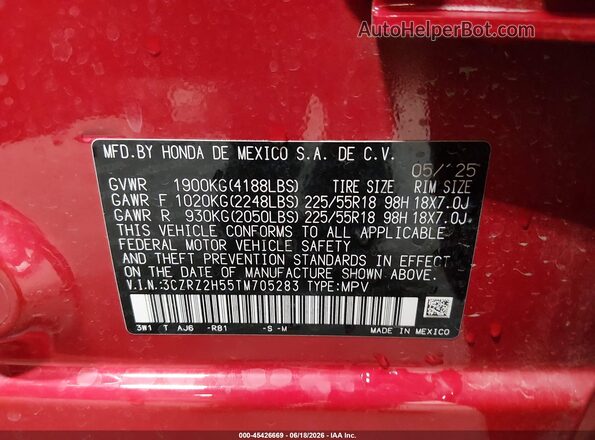 3CZRZ2H55TM705283 2026 HONDA HR-V Red Widok komory silnika