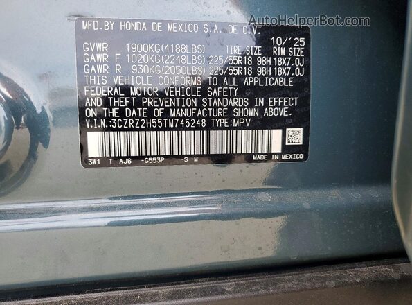 3CZRZ2H55TM745248 2026 HONDA HR-V Синий Панорамный вид салона 360°