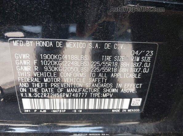 3CZRZ2H56PM748777 2023 HONDA HR-V Black Շարժիչի բաժամունքի տեսք
