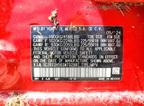 3CZRZ2H56SM702987 2025 HONDA HR-V Red Вид наклейки з VIN-кодом