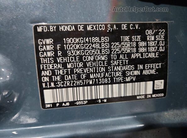 3CZRZ2H57PM713083 2023 HONDA HR-V Blue VIN sticker view