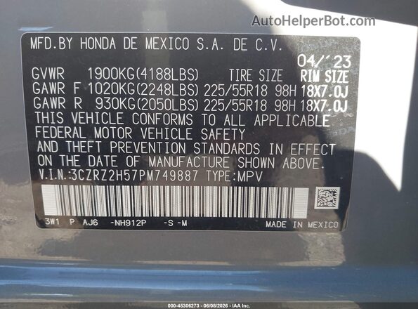 3CZRZ2H57PM749887 2023 HONDA HR-V Серый Вид подкапотного пространства
