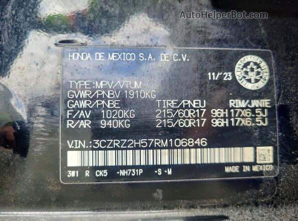 3CZRZ2H57RM106846 2024 HONDA HR-V Black VIN sticker view