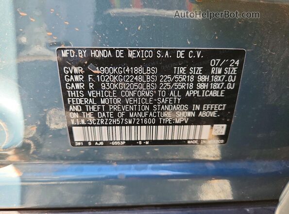 3CZRZ2H57SM721600 2025 HONDA HR-V Синий Вид наклейки с VIN-кодом