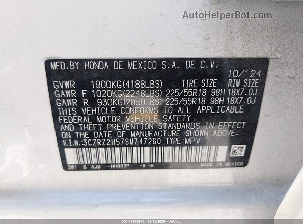 3CZRZ2H57SM747260 2025 HONDA HR-V White Widok komory silnika