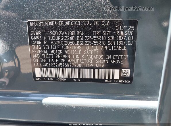 3CZRZ2H57SM772000 2025 HONDA HR-V Teal Շարժիչի բաժամունքի տեսք