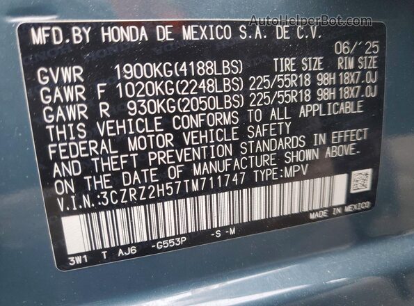3CZRZ2H57TM711747 2026 HONDA HR-V Серый Вид наклейки с VIN-кодом
