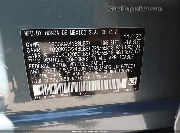 3CZRZ2H58RM746466 2024 HONDA HR-V Light Blue Vista del compartimento del motor