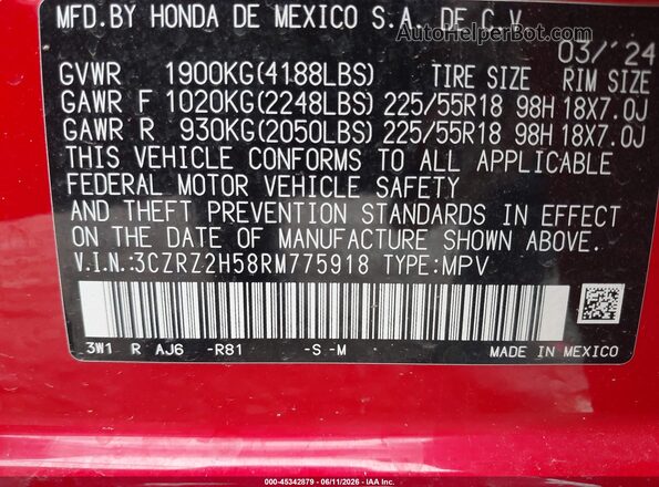 3CZRZ2H58RM775918 2024 HONDA HR-V Red Widok komory silnika