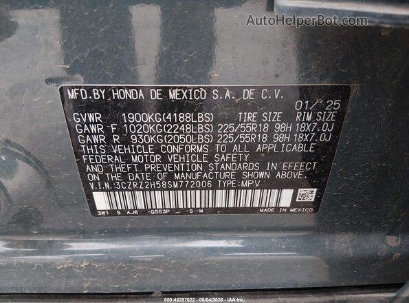 3CZRZ2H58SM772006 2025 HONDA HR-V Blue Engine compartment view