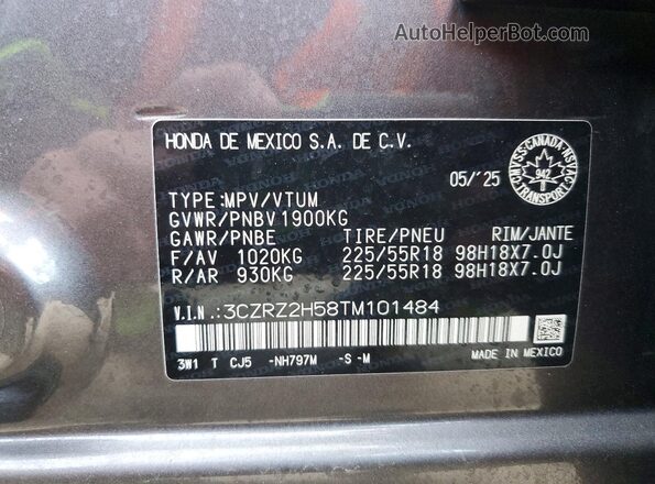 3CZRZ2H58TM101484 2026 HONDA HR-V Gray Вид наклейки з VIN-кодом