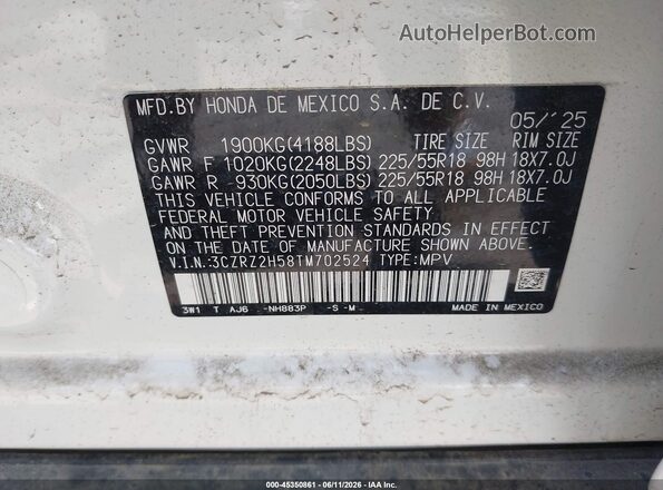 3CZRZ2H58TM702524 2026 HONDA HR-V White Շարժիչի բաժամունքի տեսք