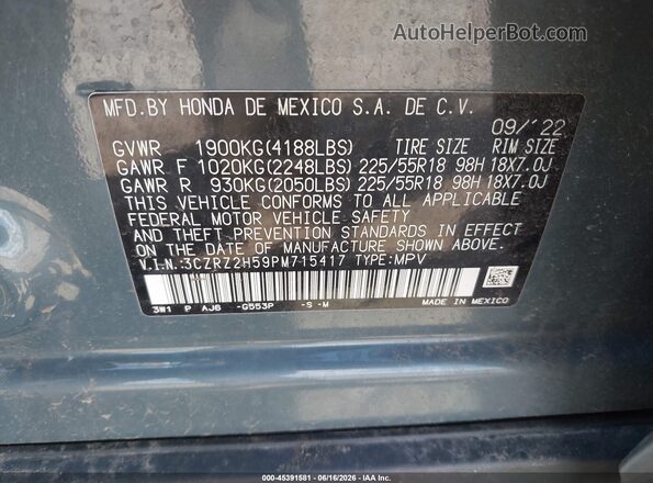3CZRZ2H59PM715417 2023 HONDA HR-V Gray Engine compartment view